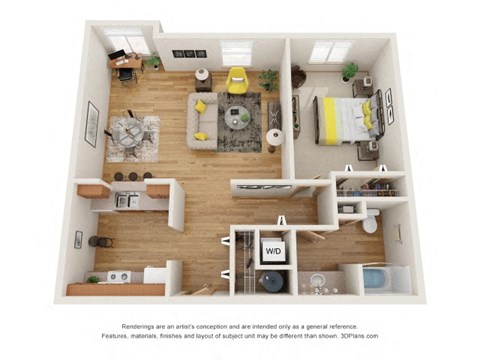 Floor plan for 1 bed, 1 bath, 833 sqft